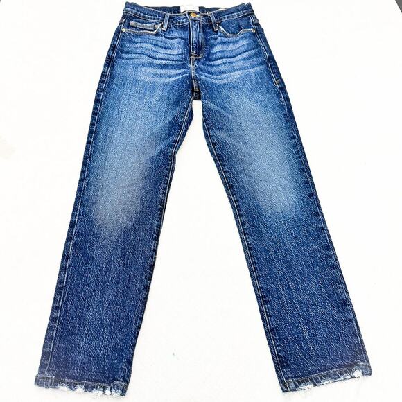 Frame Le Nouveau Straight Dark Wash Denim Jeans Raw Hem LNSL14 Size 26 - Picture 2 of 8